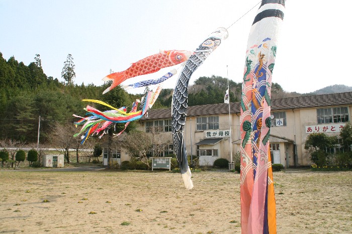 閉校になった小学校にたくさんの鯉のぼり